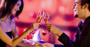 Amorous couple on romantic date or celebrating together at restaurant